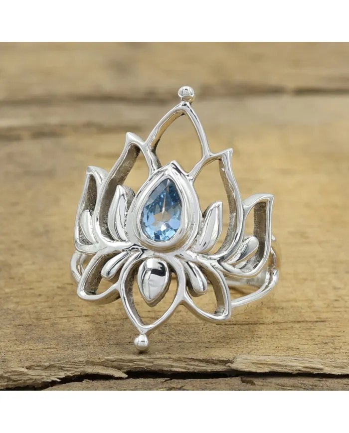 Swiss Blue Topaz Lotus Ring - 925 Sterling Silver Handmade Jewelry