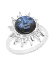 Moss Agate Ring - 925 Sterling Silver Handmade Face Carving Jewelry