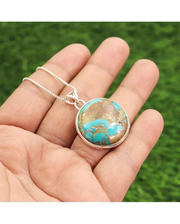 Turquoise Round Gemstone Pendant – 925 Sterling Silver Handmade Jewelry