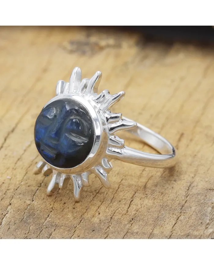 Labradorite Ring - 925 Sterling Silver Handmade Face Carving Jewelry