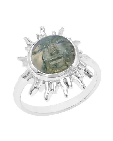 Moss Agate Ring - 925 Sterling Silver Handmade Face Carving Jewelry