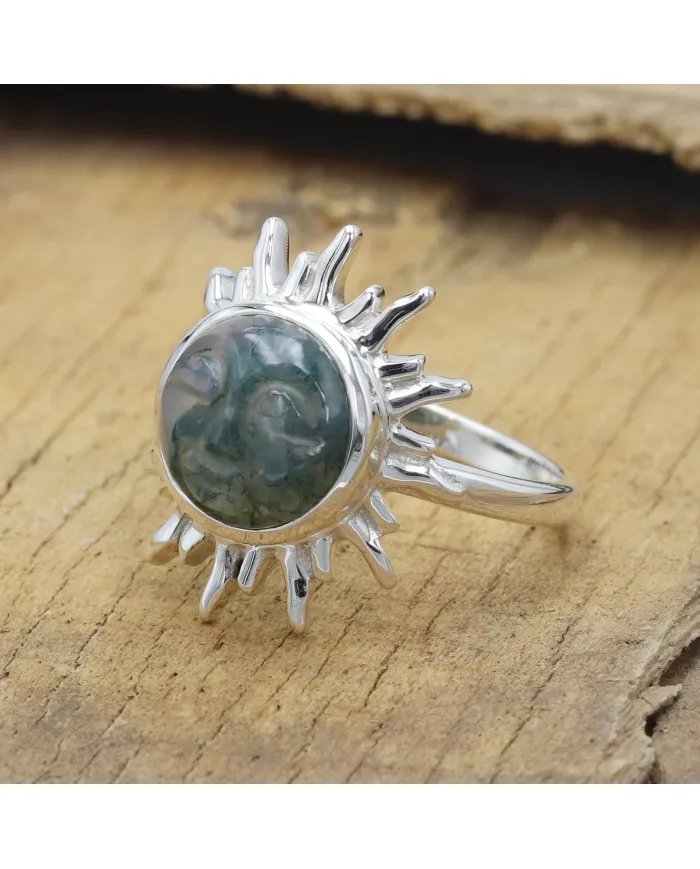 Moss Agate Ring - 925 Sterling Silver Handmade Face Carving Jewelry