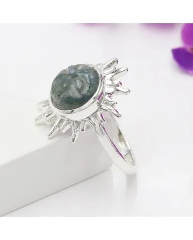 Moss Agate Ring - 925 Sterling Silver Handmade Face Carving Jewelry