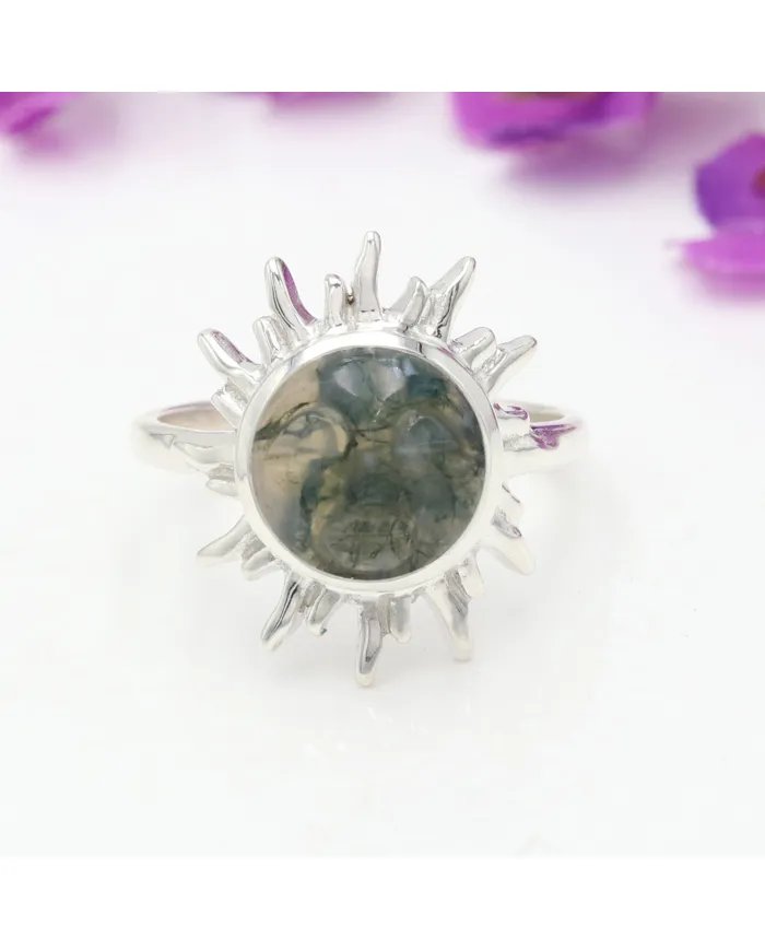 Moss Agate Ring - 925 Sterling Silver Handmade Face Carving Jewelry