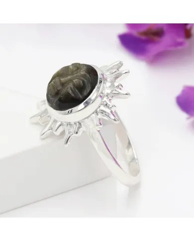 Obsidian Ring - 925 Sterling Silver Handmade Face Carving Jewelry