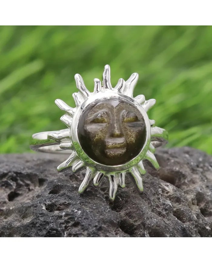 Obsidian Ring - 925 Sterling Silver Handmade Face Carving Jewelry