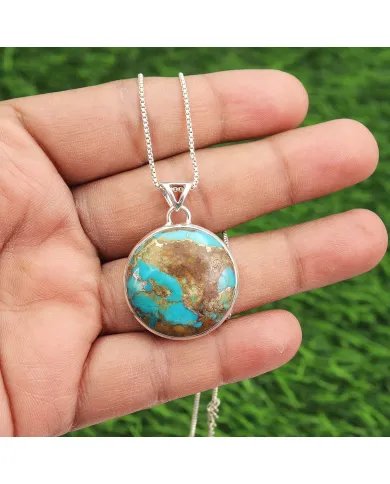 Boulder Turquoise Round Pendant – 925 Sterling Silver Handmade Jewelry