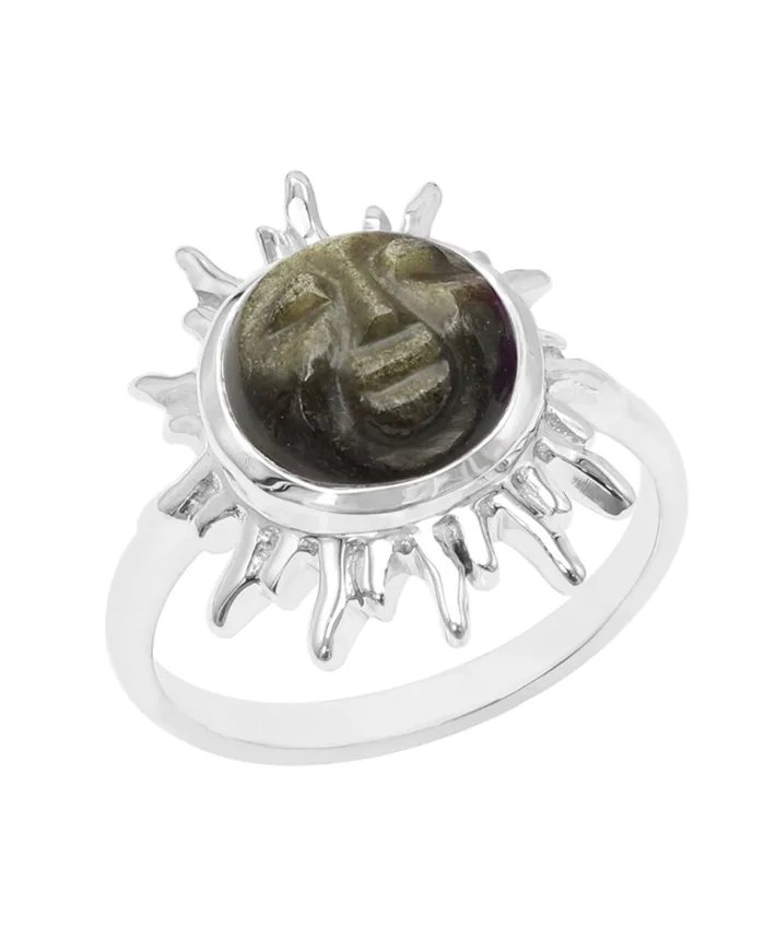 Obsidian Ring - 925 Sterling Silver Handmade Face Carving Jewelry