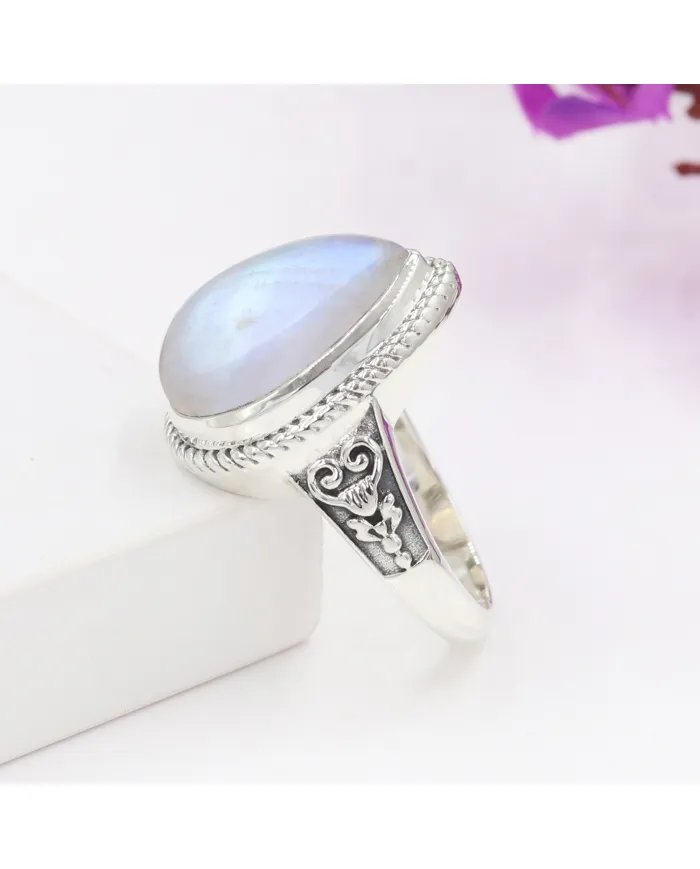 Rainbow Moonstone Ring – 925 Sterling Silver Handmade Boho Jewelry