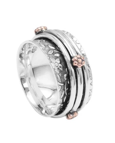 Oxidized Silver Spinner Ring with Copper Flower - Handmade Jewelry