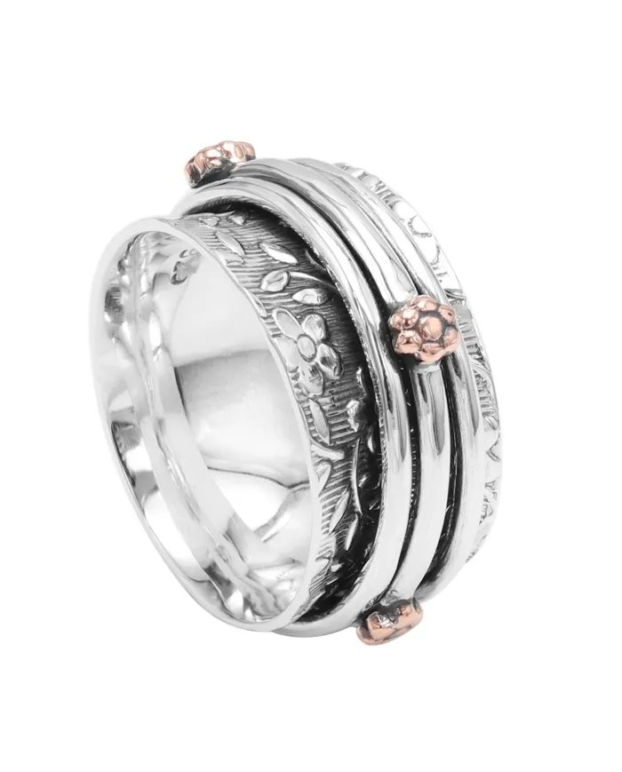 Oxidized Silver Spinner Ring with Copper Flower - Handmade Jewelry