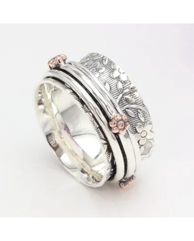 Oxidized Silver Spinner Ring with Copper Flower - Handmade Jewelry