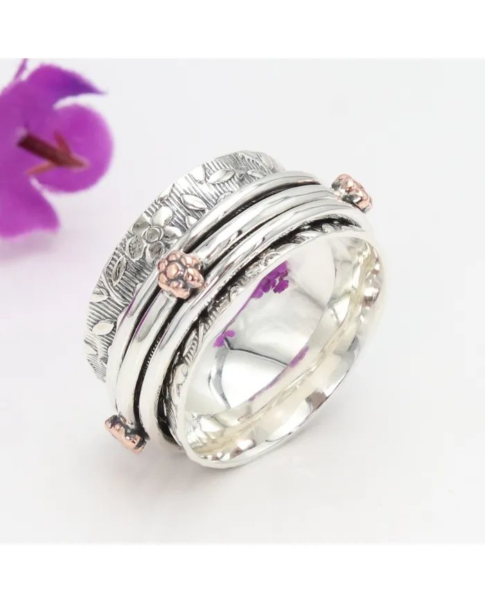 Oxidized Silver Spinner Ring with Copper Flower - Handmade Jewelry