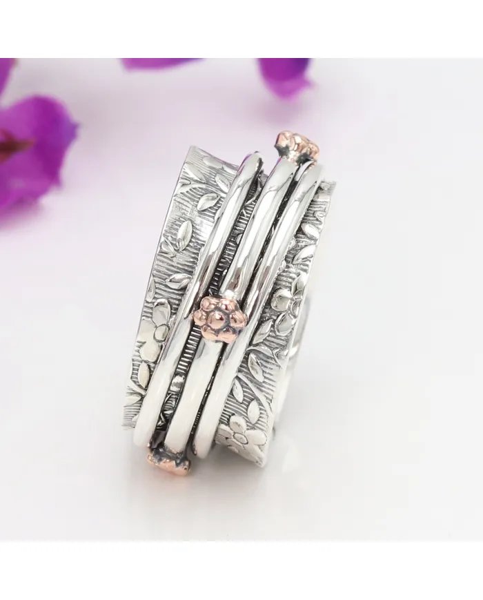 Oxidized Silver Spinner Ring with Copper Flower - Handmade Jewelry
