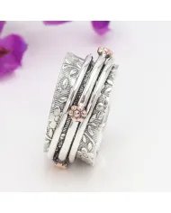 Oxidized Silver Spinner Ring with Copper Flower - Handmade Jewelry