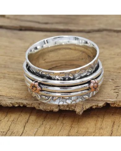 Oxidized Silver Spinner Ring with Copper Flower - Handmade Jewelry