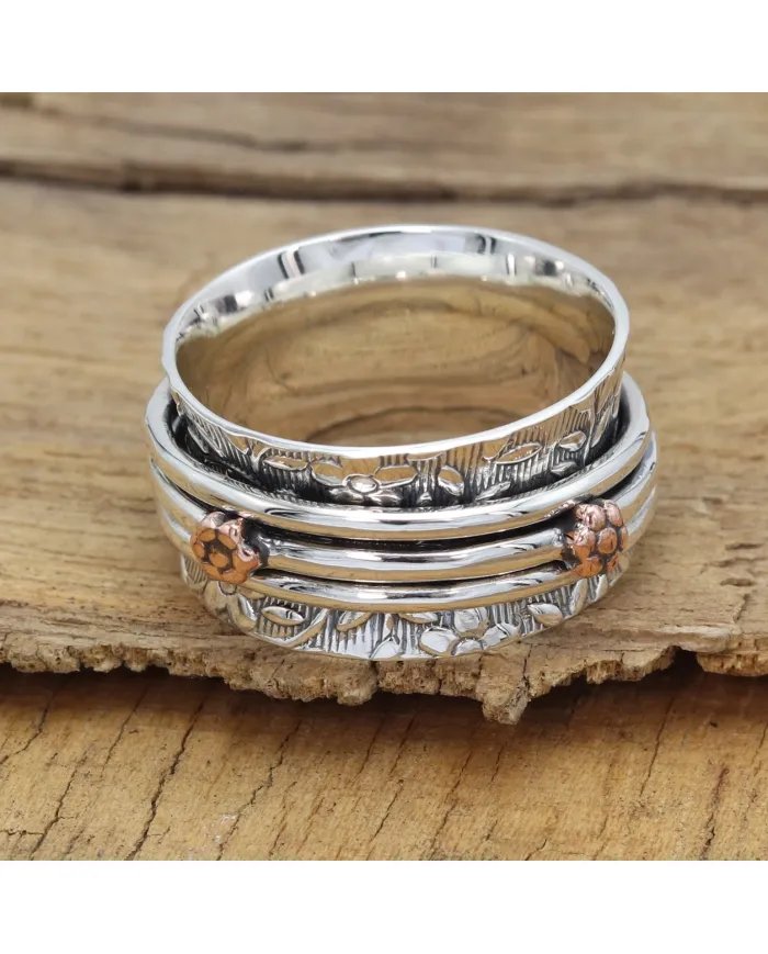 Oxidized Silver Spinner Ring with Copper Flower - Handmade Jewelry