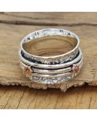 Oxidized Silver Spinner Ring with Copper Flower - Handmade Jewelry