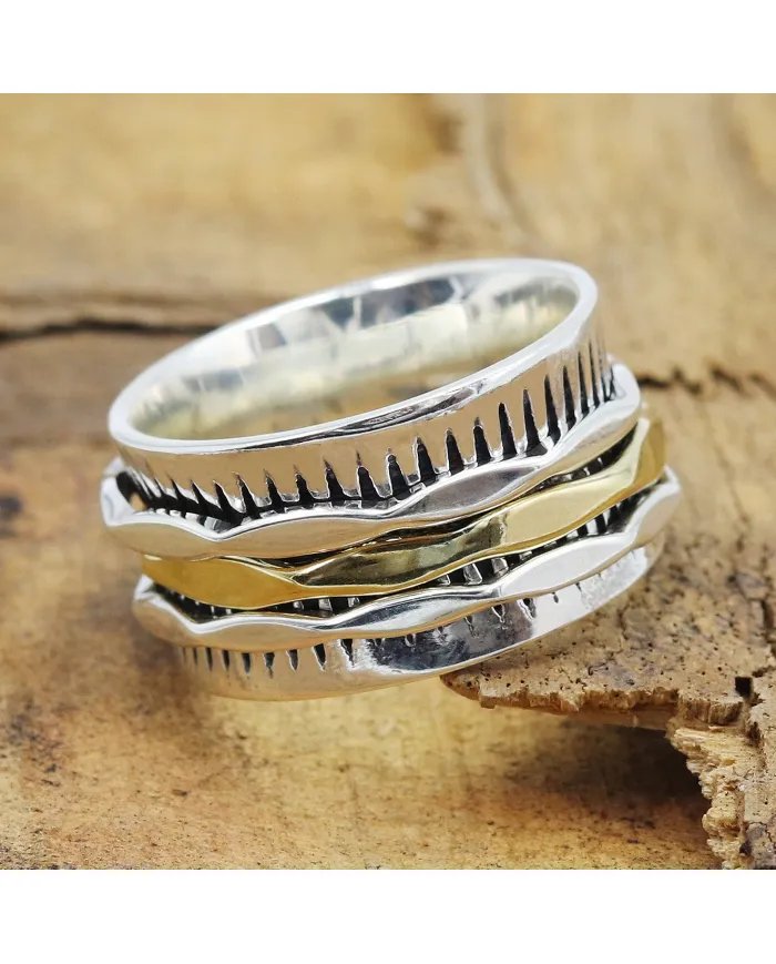 Brass Spinner Two Tone Ring – 925 Silver Meditation & Stress Relief Jewelry