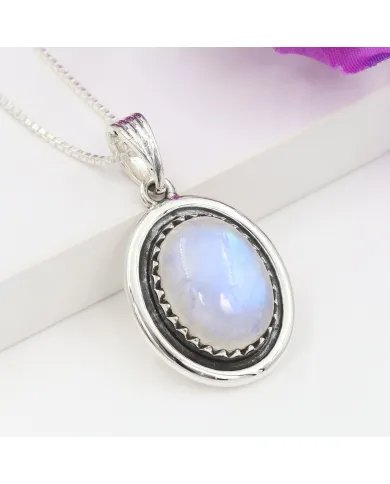 Rainbow Moonstone Pendant - 925 Sterling Silver Oval Handmade Jewelry