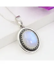 Rainbow Moonstone Pendant - 925 Sterling Silver Cabochon Necklace