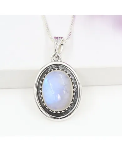 Rainbow Moonstone Pendant - 925 Sterling Silver Cabochon Necklace