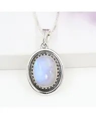 Rainbow Moonstone Pendant - 925 Sterling Silver Oval Handmade Jewelry