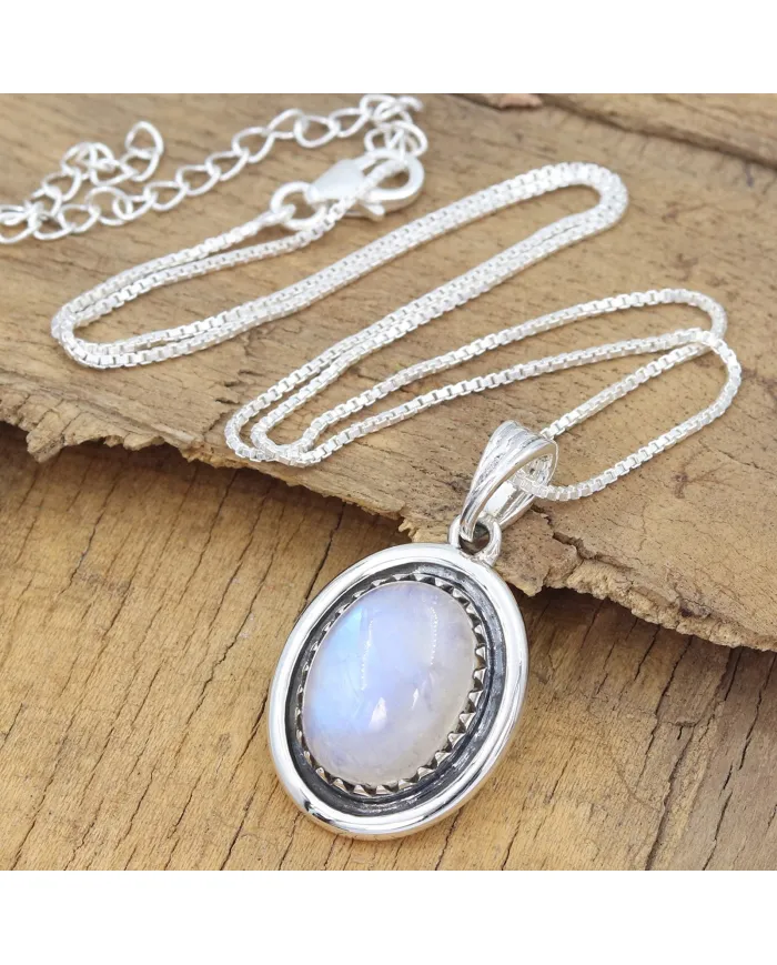 Rainbow Moonstone Pendant - 925 Sterling Silver Cabochon Necklace