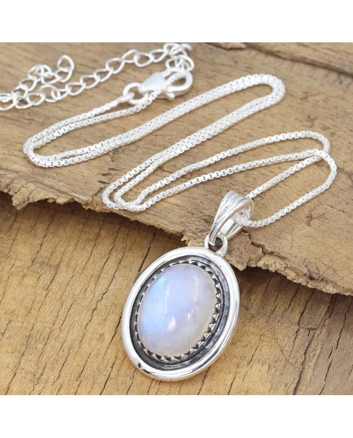 Rainbow Moonstone Pendant - 925 Sterling Silver Oval Handmade Jewelry