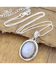 Rainbow Moonstone Pendant - 925 Sterling Silver Cabochon Necklace