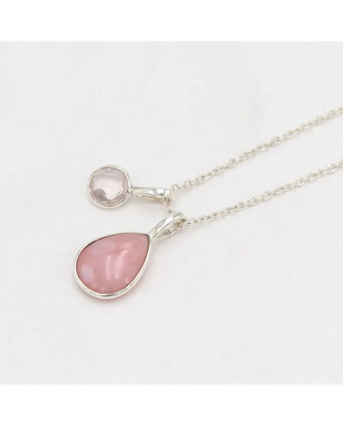 Pink Opal & Rose Quartz Gemstone Pendant - 925 Sterling Silver Jewelry