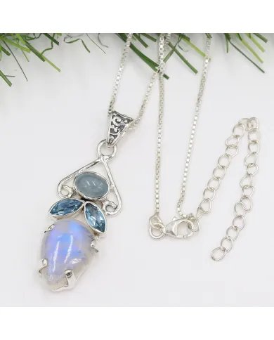 Rainbow Moonstone Pendant - 925 Sterling Silver Three Gemstone Jewelry