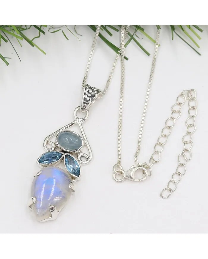 Rainbow Moonstone Pendant - 925 Sterling Silver Three Gemstone Jewelry