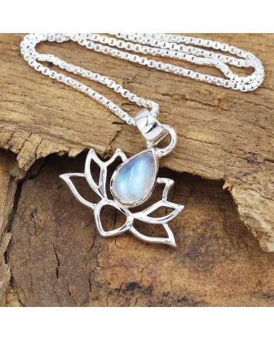 Rainbow Moonstone Lotus Pendant - 925 Sterling Silver Handmade Jewelry