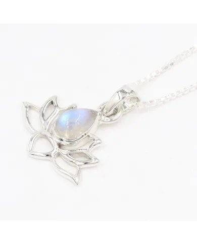 Rainbow Moonstone Lotus Pendant - 925 Sterling Silver Handmade Jewelry