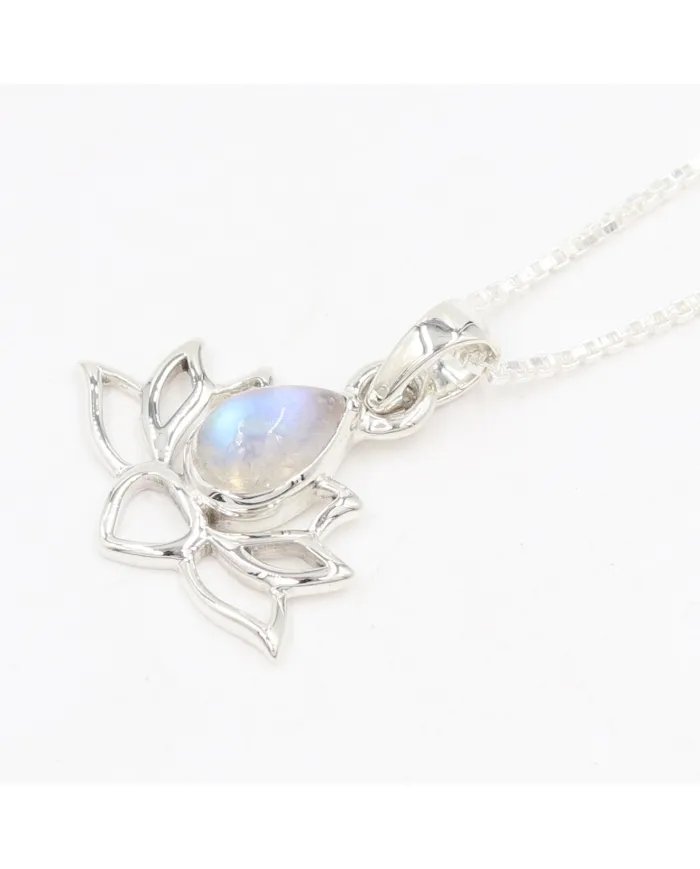 Rainbow Moonstone Lotus Pendant - 925 Sterling Silver Handmade Jewelry