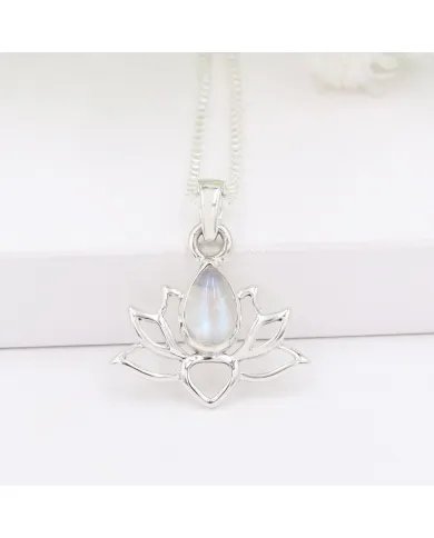 Rainbow Moonstone Lotus Pendant - 925 Sterling Silver Handmade Jewelry