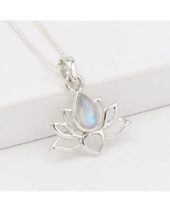 Rainbow Moonstone Lotus Pendant - 925 Sterling Silver Handmade Jewelry