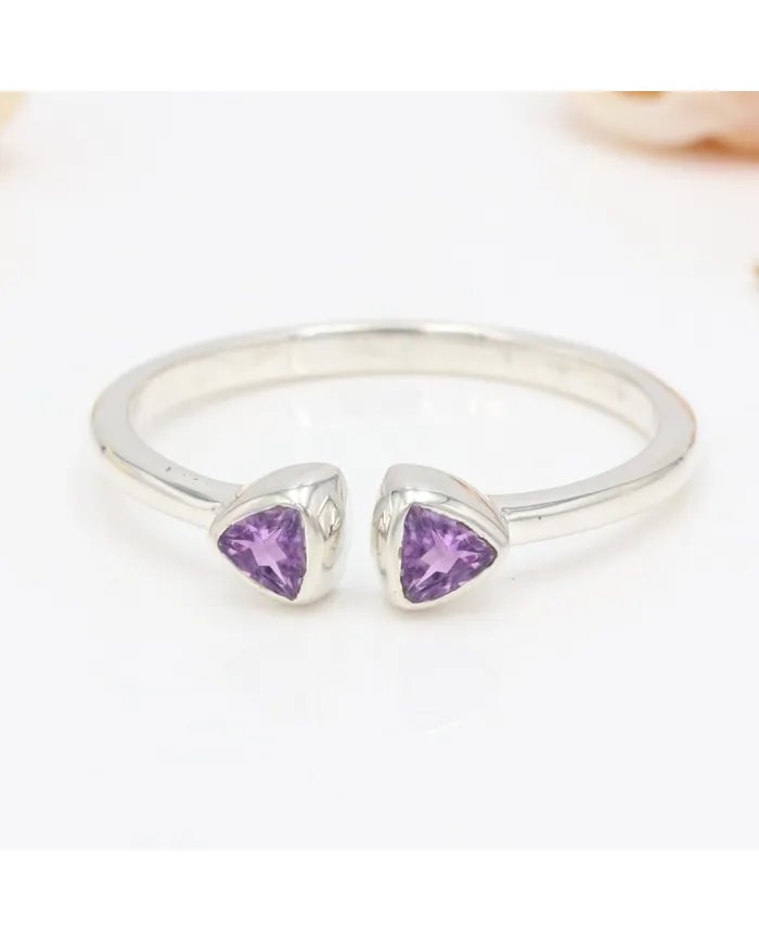 Amethyst Open Ring Trillion Cut - 925 Sterling Silver Handmade Jewelry
