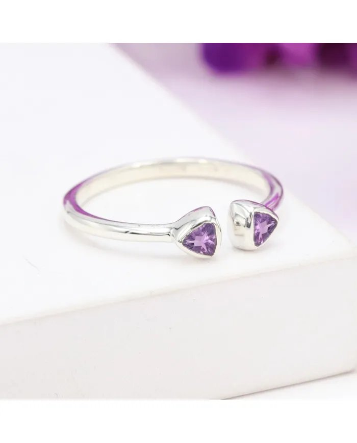 Amethyst Open Ring Trillion Cut - 925 Sterling Silver Handmade Jewelry