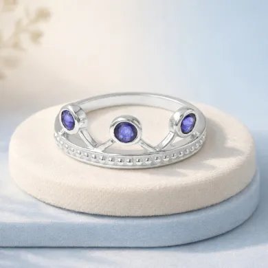 Blue Sapphire Crown Ring - 925 Sterling Silver Tiara Band