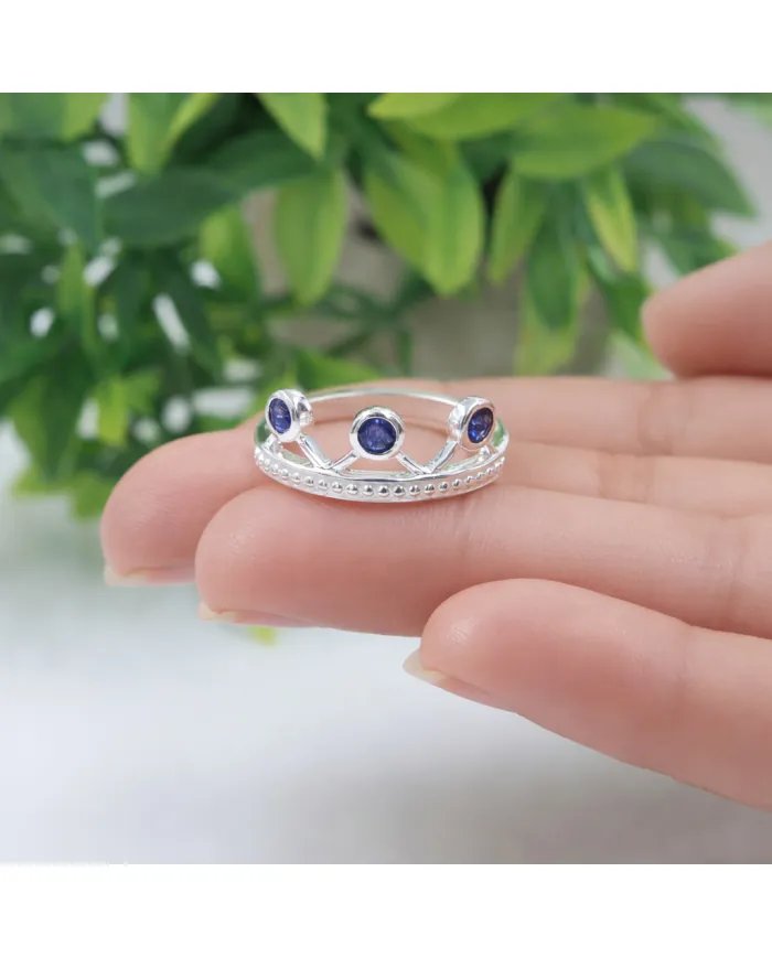 Blue Sapphire Crown Ring - 925 Sterling Silver Tiara Band