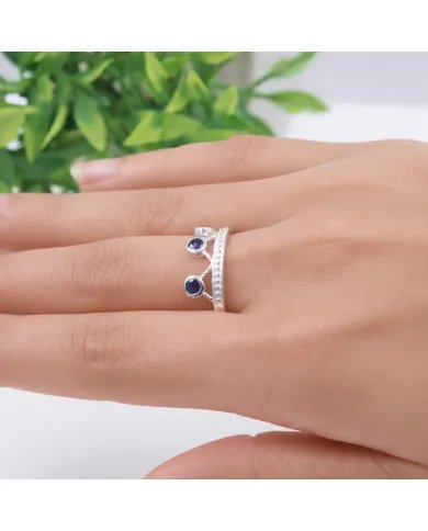 Blue Sapphire Crown Ring - 925 Sterling Silver Tiara Band