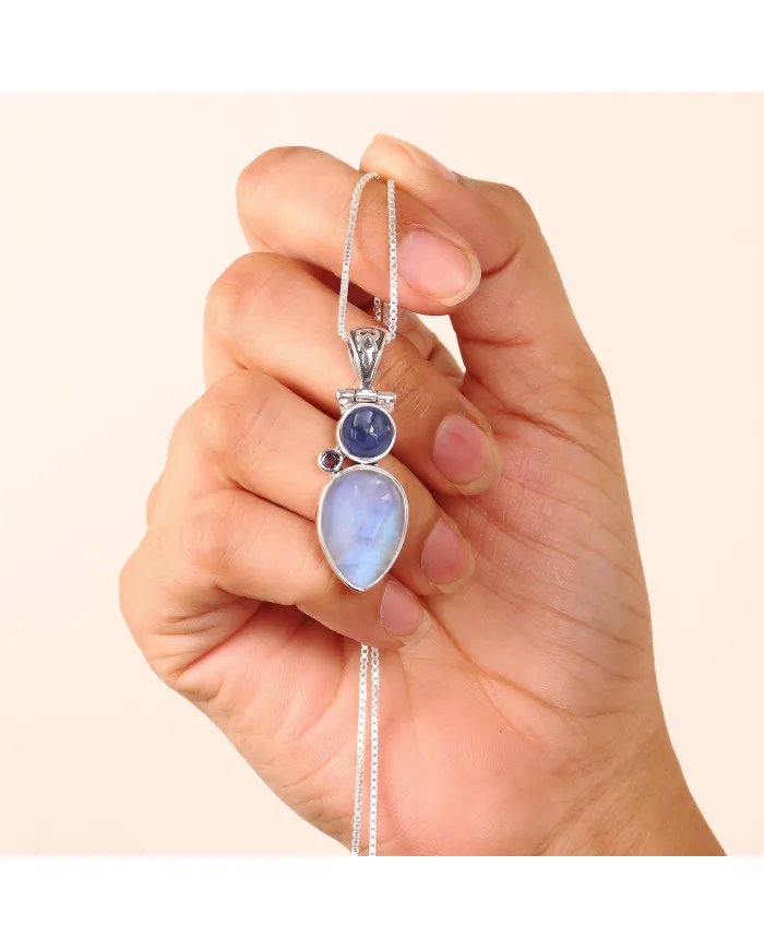 Rainbow Moonstone 925 Silver - Tanzanite and Iolite Gemstone Pendant