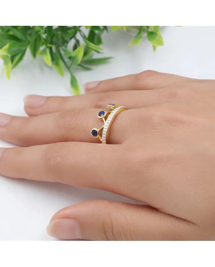 Blue Sapphire Crown Ring – Two-Tone, Gold Plated 925 Silver Jewelry