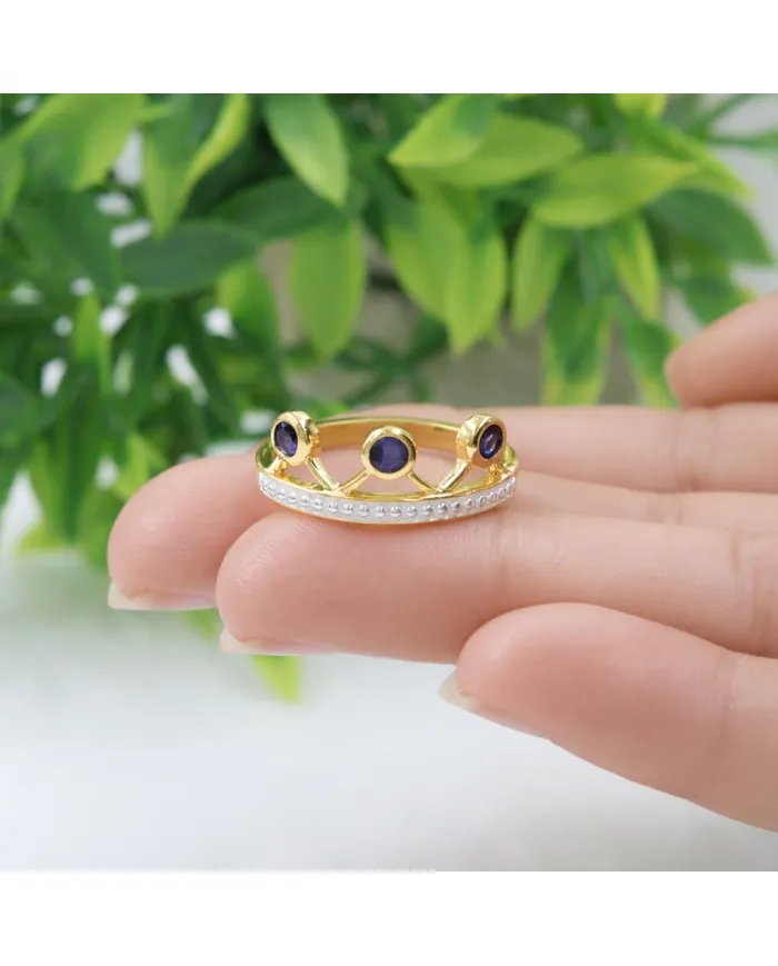Blue Sapphire Crown Ring – Two-Tone, Gold Plated 925 Silver Jewelry