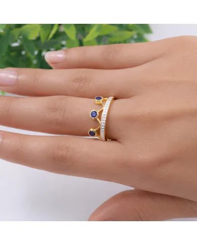 Blue Sapphire Crown Ring – Two-Tone, Gold Plated 925 Silver Jewelry