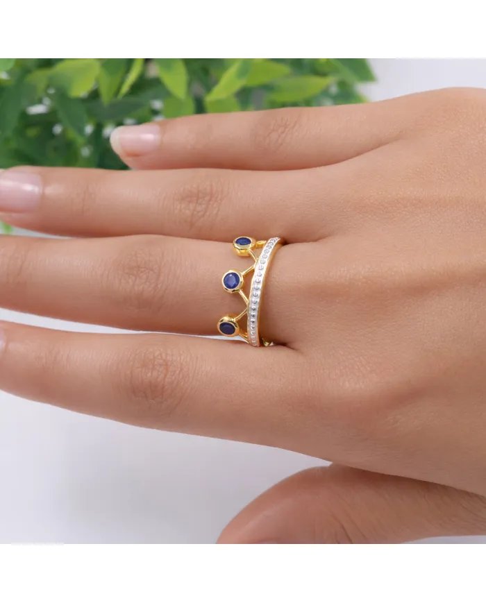 Blue Sapphire Crown Ring – Two-Tone, Gold Plated 925 Silver Jewelry