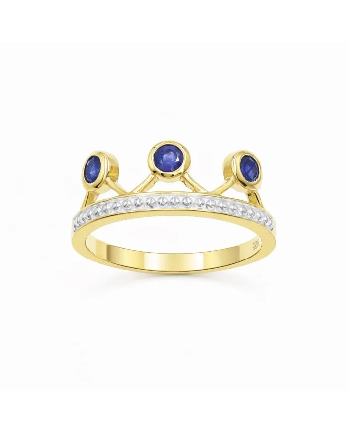 Blue Sapphire Crown Ring – Two-Tone, Gold Plated 925 Silver Jewelry