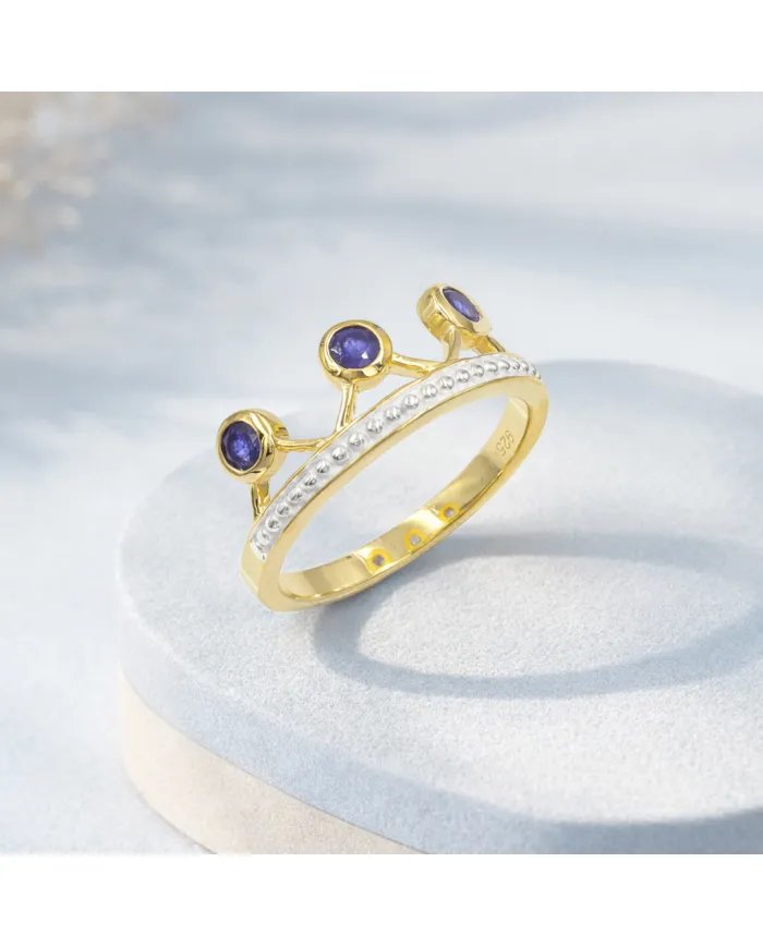 Blue Sapphire Crown Ring – Two-Tone, Gold Plated 925 Silver Jewelry
